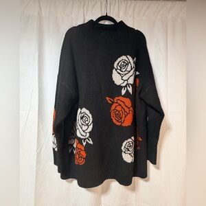Torrid Black Sweater with Red and Gray Floral Design